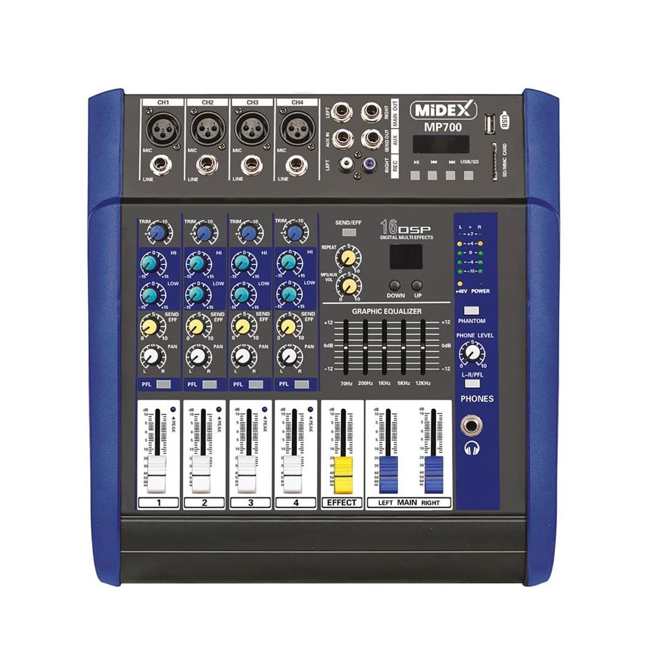 Midex MP-700 Power Mikser Amfi 2x350W 4 Kanal Dsp Efekt EQ Usb
