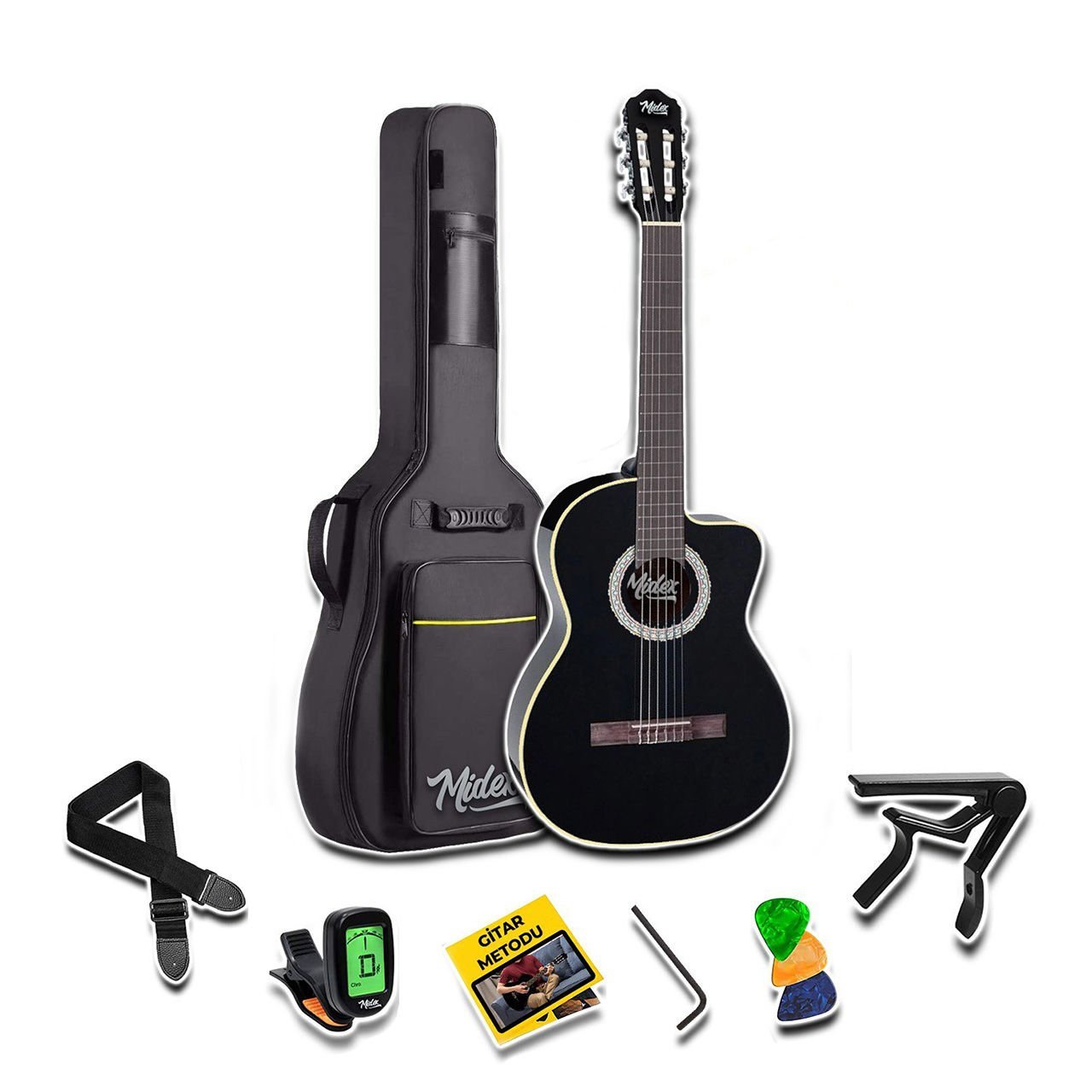Midex MGX-100BK-BAG Üst Seviye Klasik Gitar 44 Sap Ayarlı Gül Klavye (Siyah)