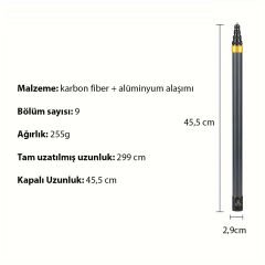 Markofist MF-MNP01 Uzun Karbon Fiber Selfie Çubuğu Monopod 3m