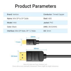 Vention Mini DisplayPort to DisplayPort Kablo 1.5m, 4K 60Hz, DisplayPort 1.2 (HAABG)