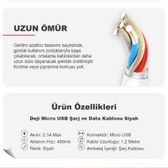 Deji DJ-C02 Micro Usb Data ve Şarj Kablosu Siyah
