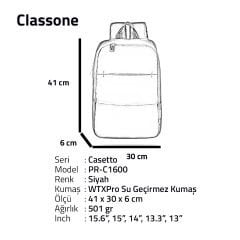 Classone PR-C1600 WTXpro Su Geçirmez Kumaş Casetto Serisi 15.6'' Notebook Sırt Çantası Siyah