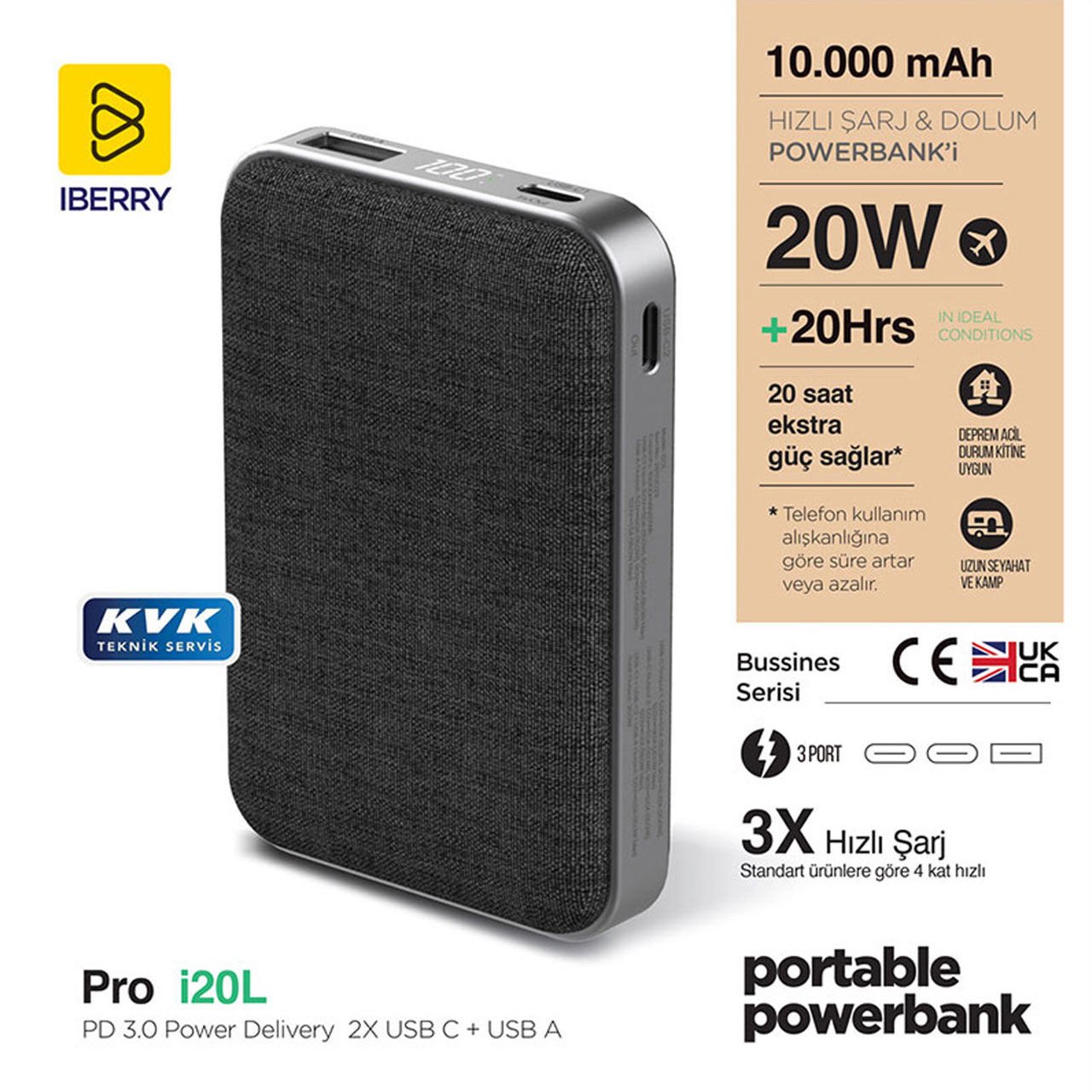 IBERRY i20L 10000mAh PD 3.0 20W Hızlı Powerbank Taşınabilir Şarj Cihazı