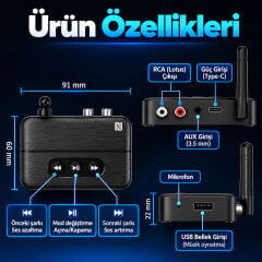 Markofist MF-M60 NFC Bluetooth 5.4 Ses Alıcı ve Verici (USB ve Hafıza Kartı Girişli)