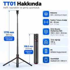 Markofist TT01 177cm Otomatik Açılan Tripod ve Bluetooth Kumandalı Selfie Çubuğu