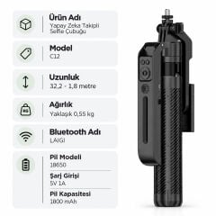Markofist C12 180cm 360° Yapay Zeka Destekli Otomatik Yüz Takipli LED Işıklı Gimbal Tripod ve Selfie Çubuğu