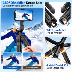 Markofist C12 180cm 360° Yapay Zeka Destekli Otomatik Yüz Takipli LED Işıklı Gimbal Tripod ve Selfie Çubuğu