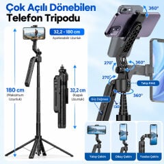 Markofist C12 180cm 360° Yapay Zeka Destekli Otomatik Yüz Takipli LED Işıklı Gimbal Tripod ve Selfie Çubuğu