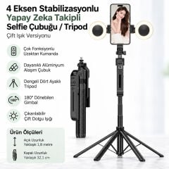 Markofist C12 180cm 360° Yapay Zeka Destekli Otomatik Yüz Takipli LED Işıklı Gimbal Tripod ve Selfie Çubuğu